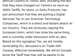 特朗普宣布立即中断与加拿大的贸易谈判 威胁对该国征收新关税